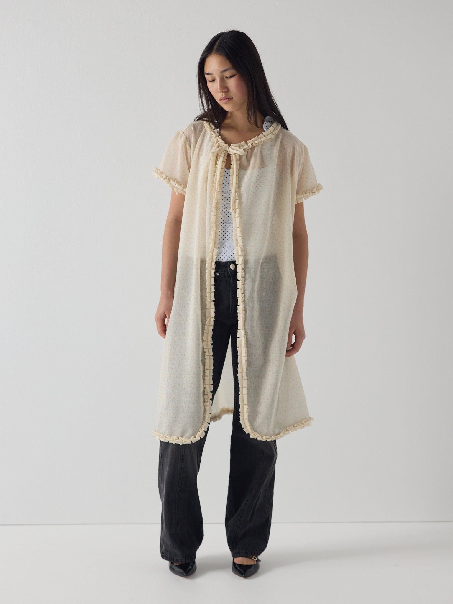 Frill peignoir cover up in micro dot wool