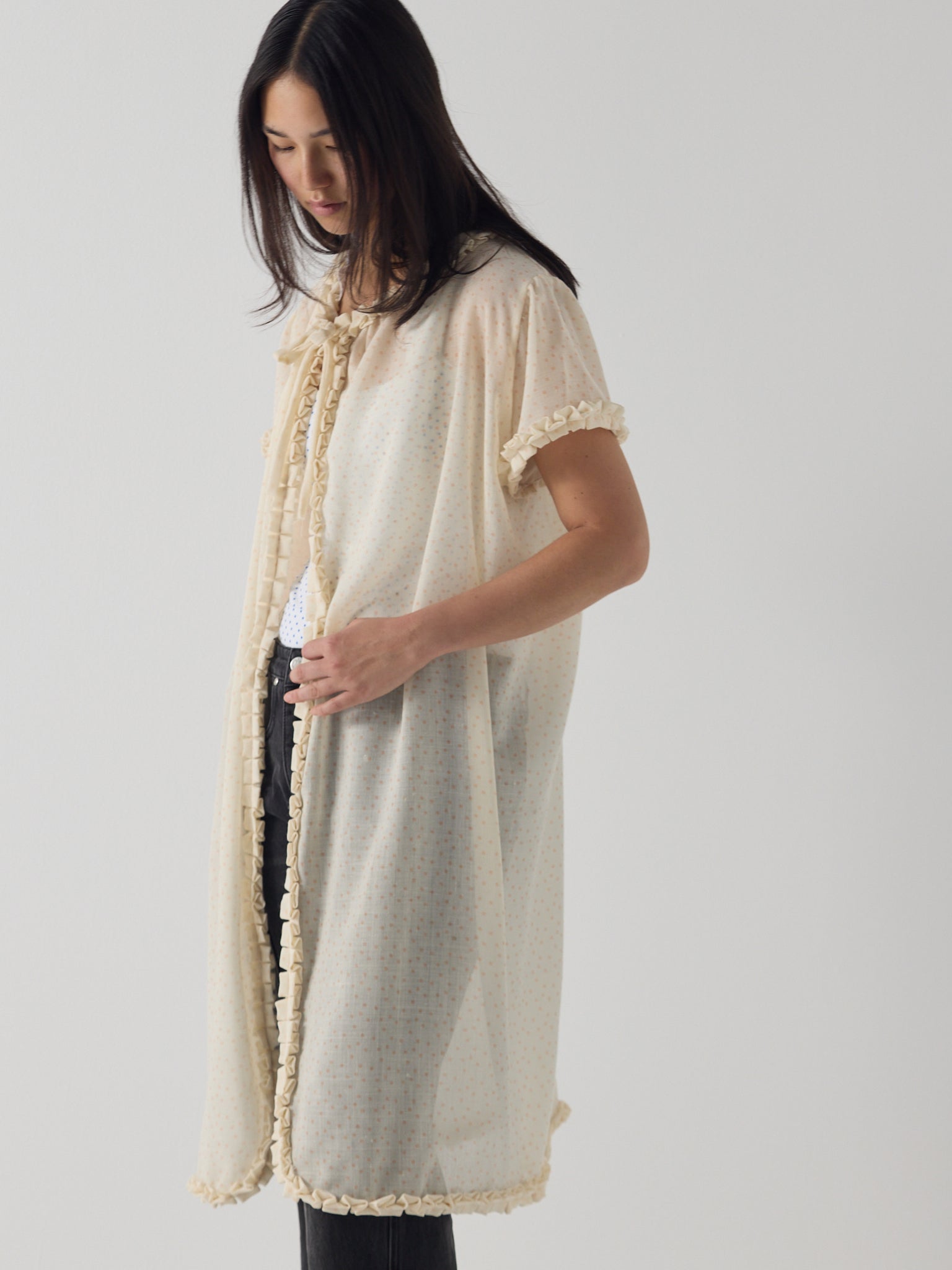 Frill peignoir cover up in micro dot wool