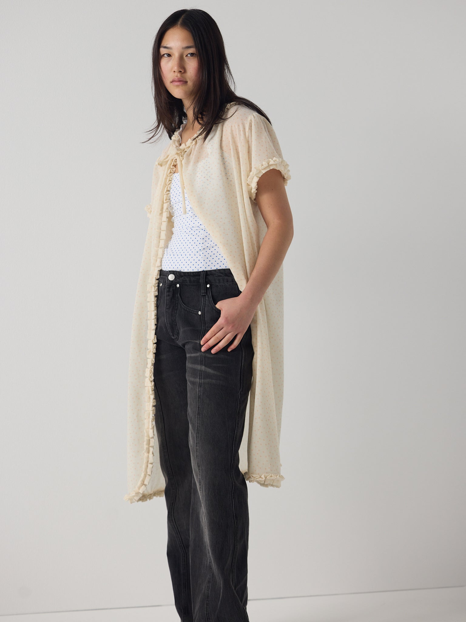 Frill peignoir cover up in micro dot wool