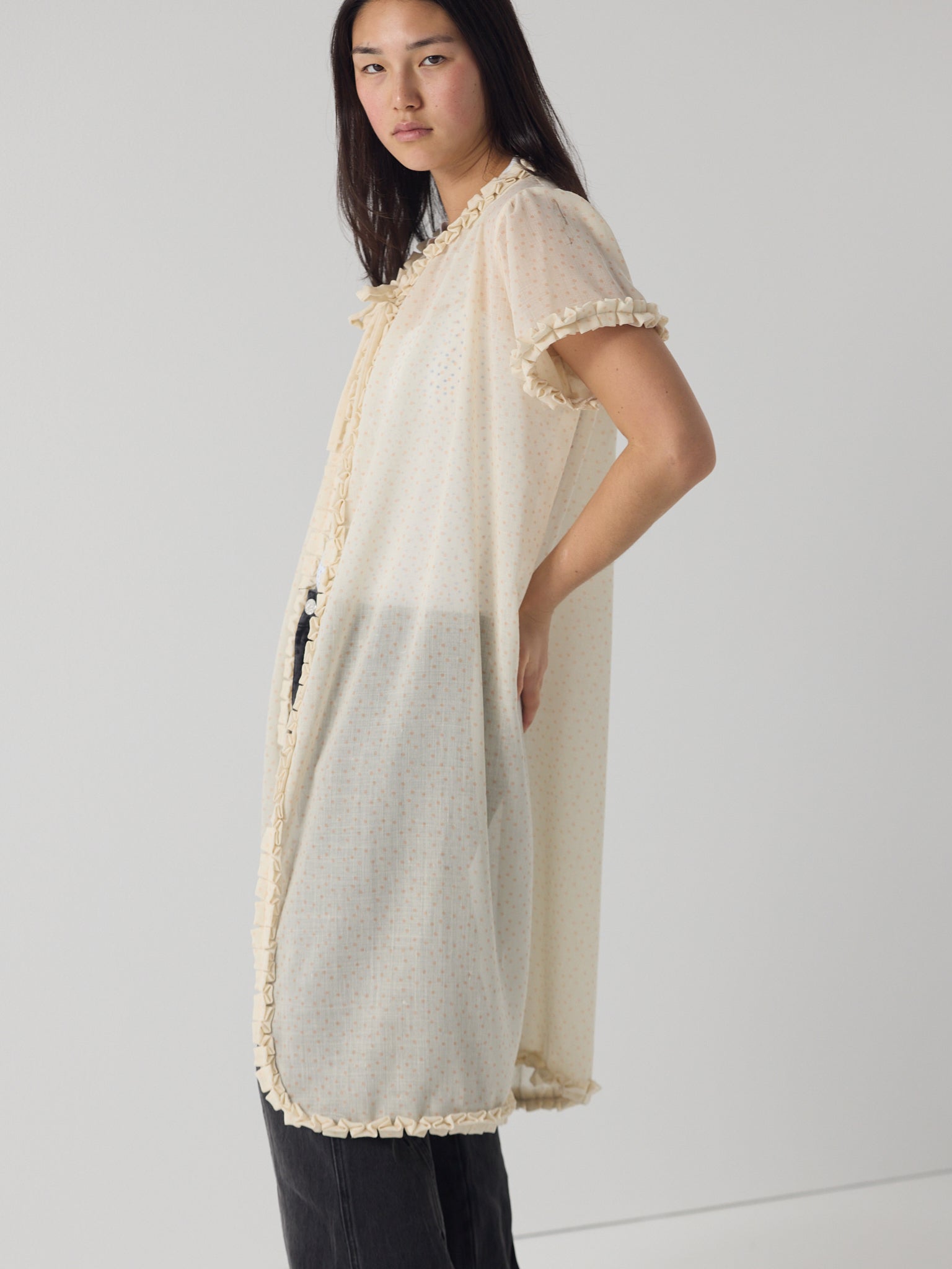 Frill peignoir cover up in micro dot wool