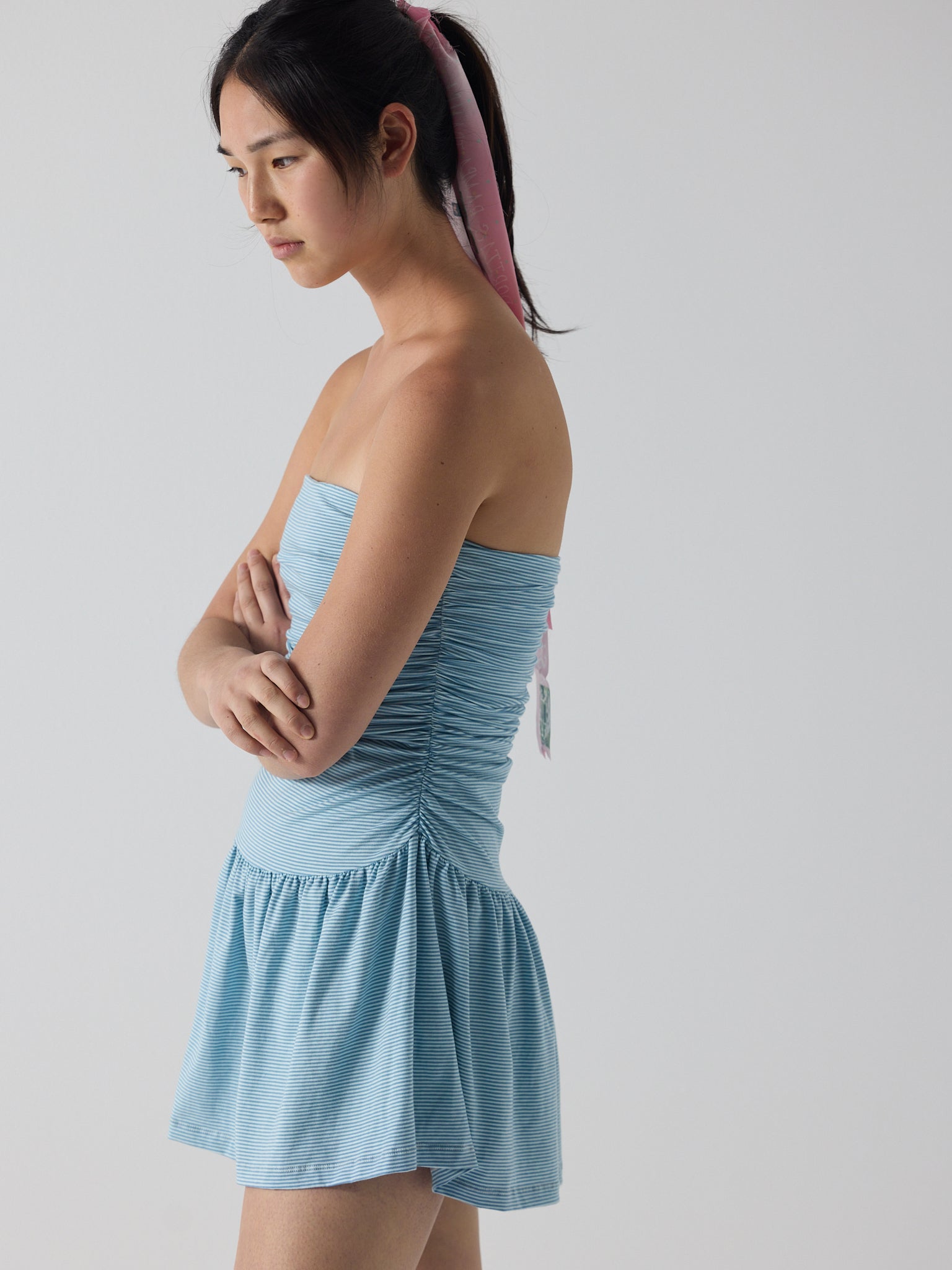 twist dress in blue micro stripe