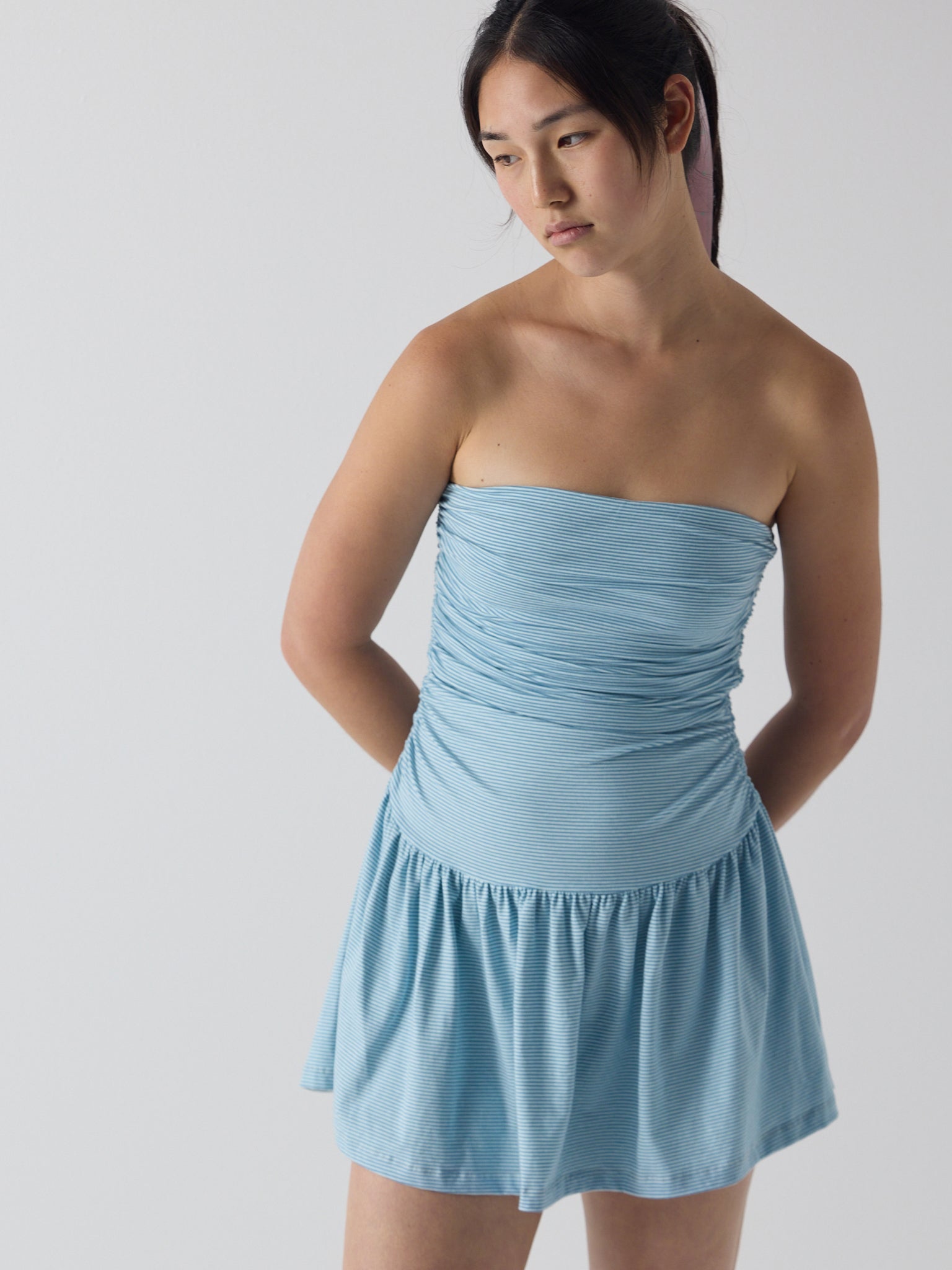 twist dress in blue micro stripe