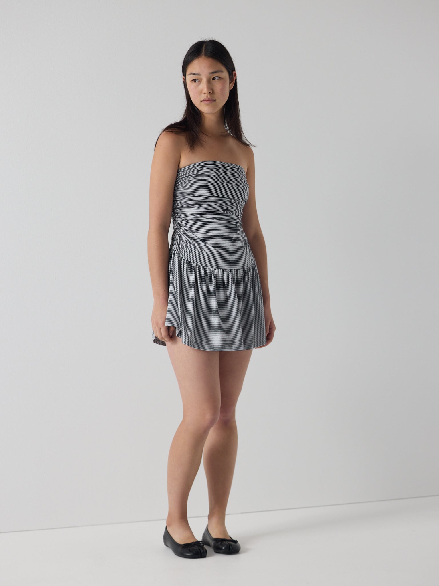 twist dress in black micro stripe