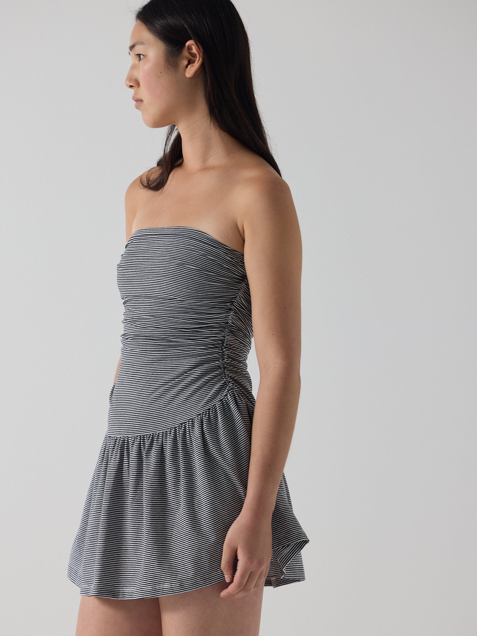 twist dress in black micro stripe