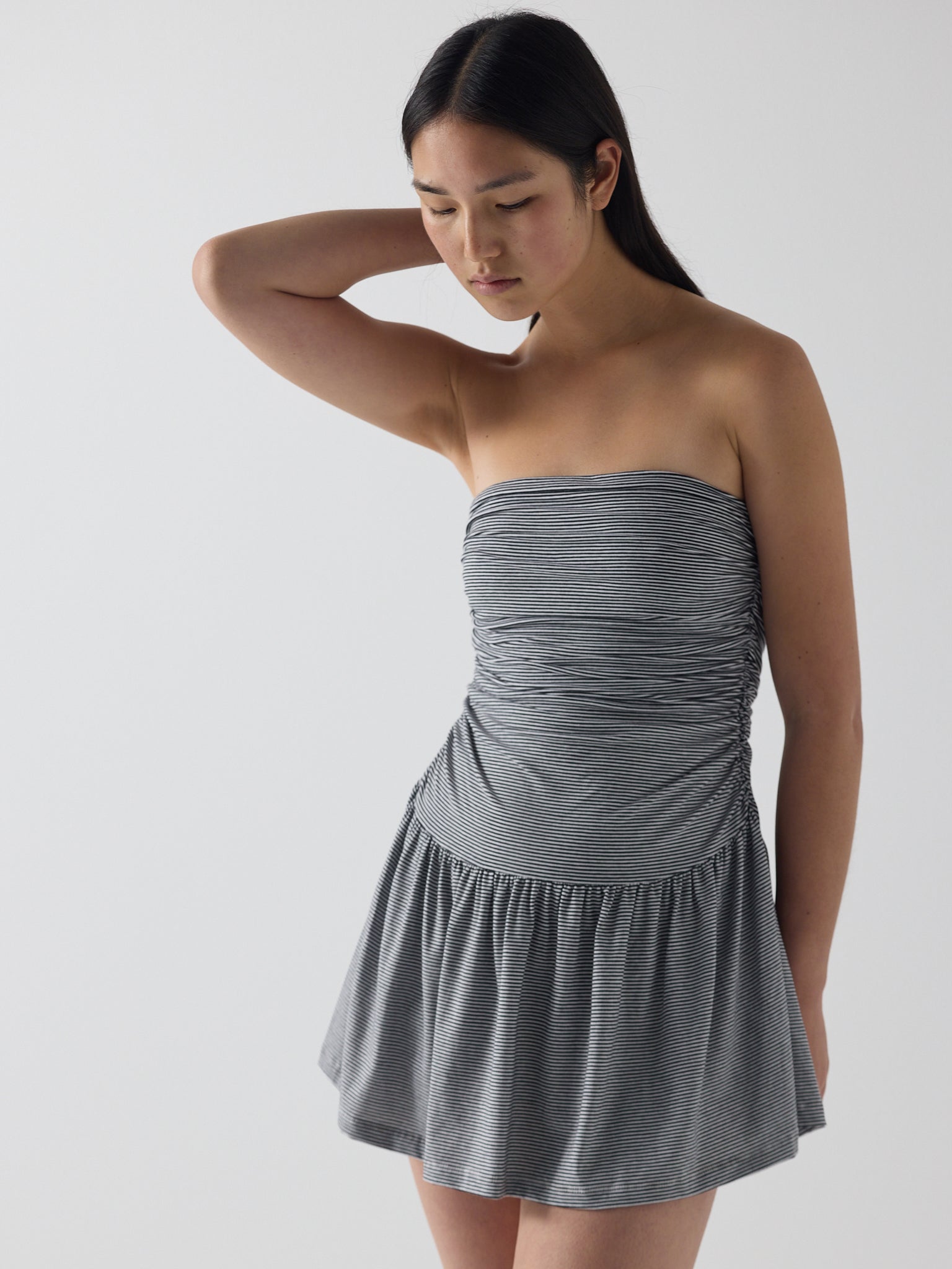 twist dress in black micro stripe