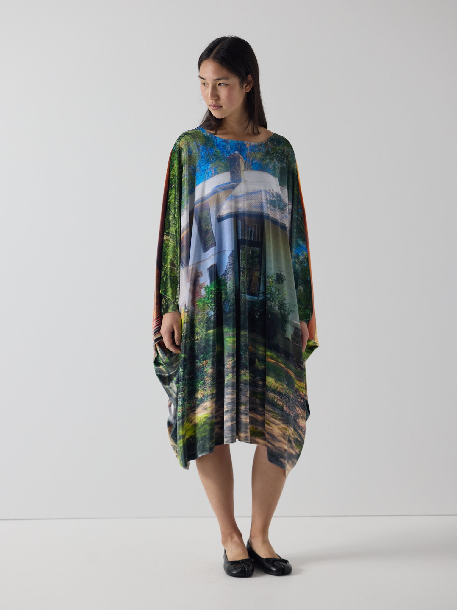 amelia wears the niamh galea house dress in super velvet, a 60s cocoon house dress silhouette in digitally printed super velvet