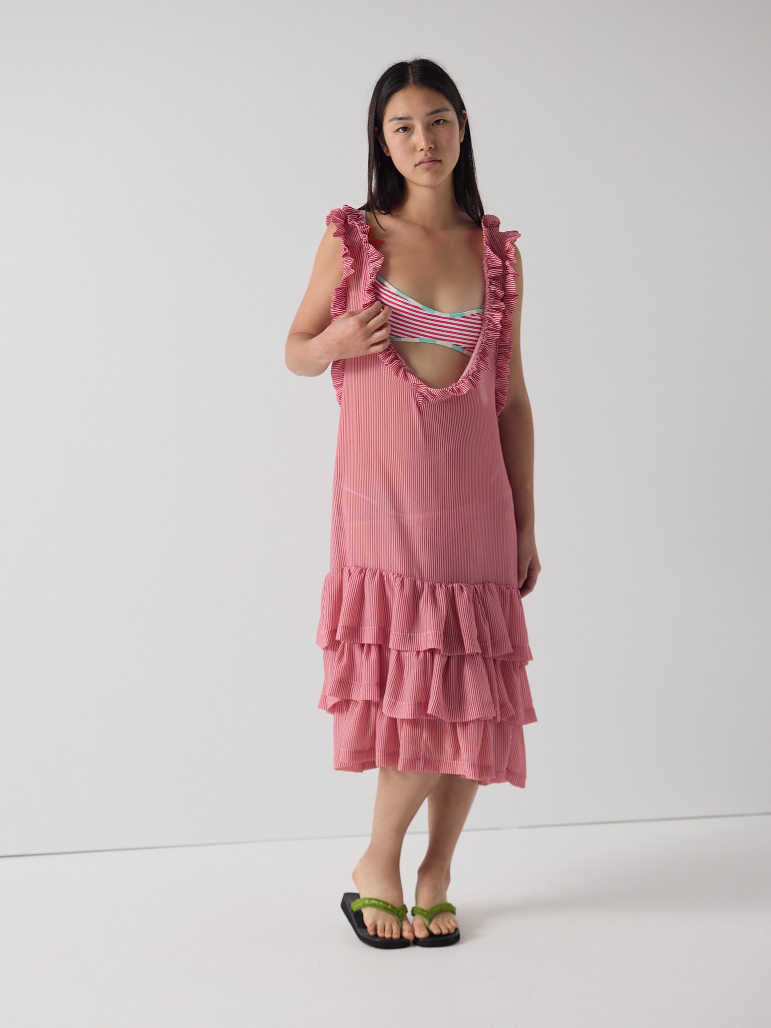Apron frill drop waist dress in lolly stripe
