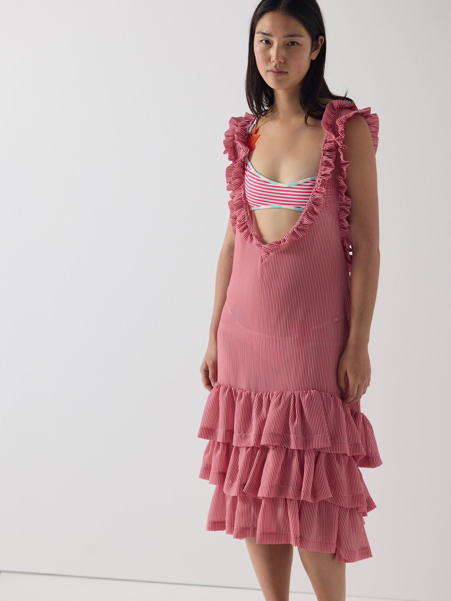 Apron frill drop waist dress in lolly stripe