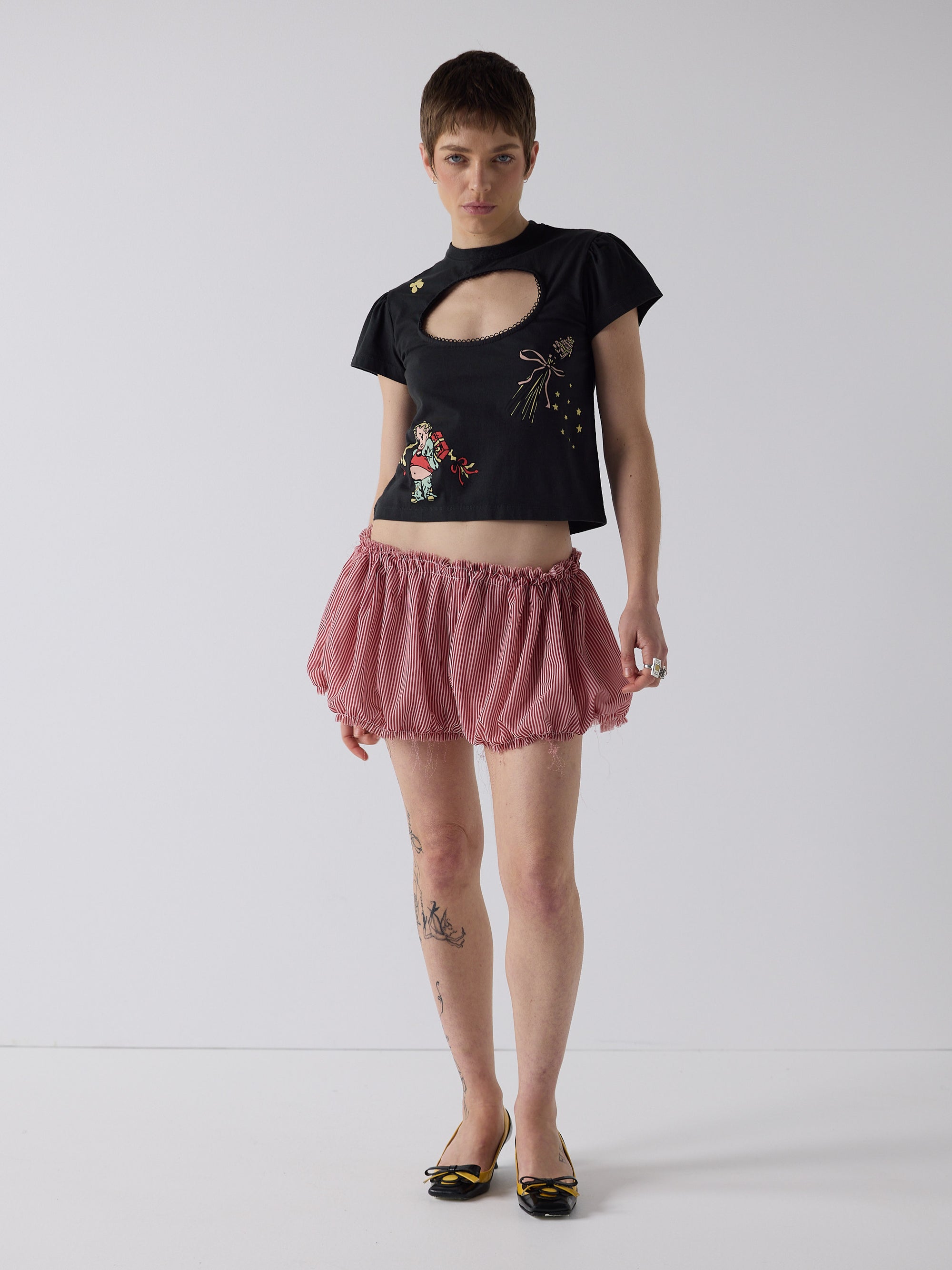 honor wears the logo removal baby tee in cutie charcoal, size xs