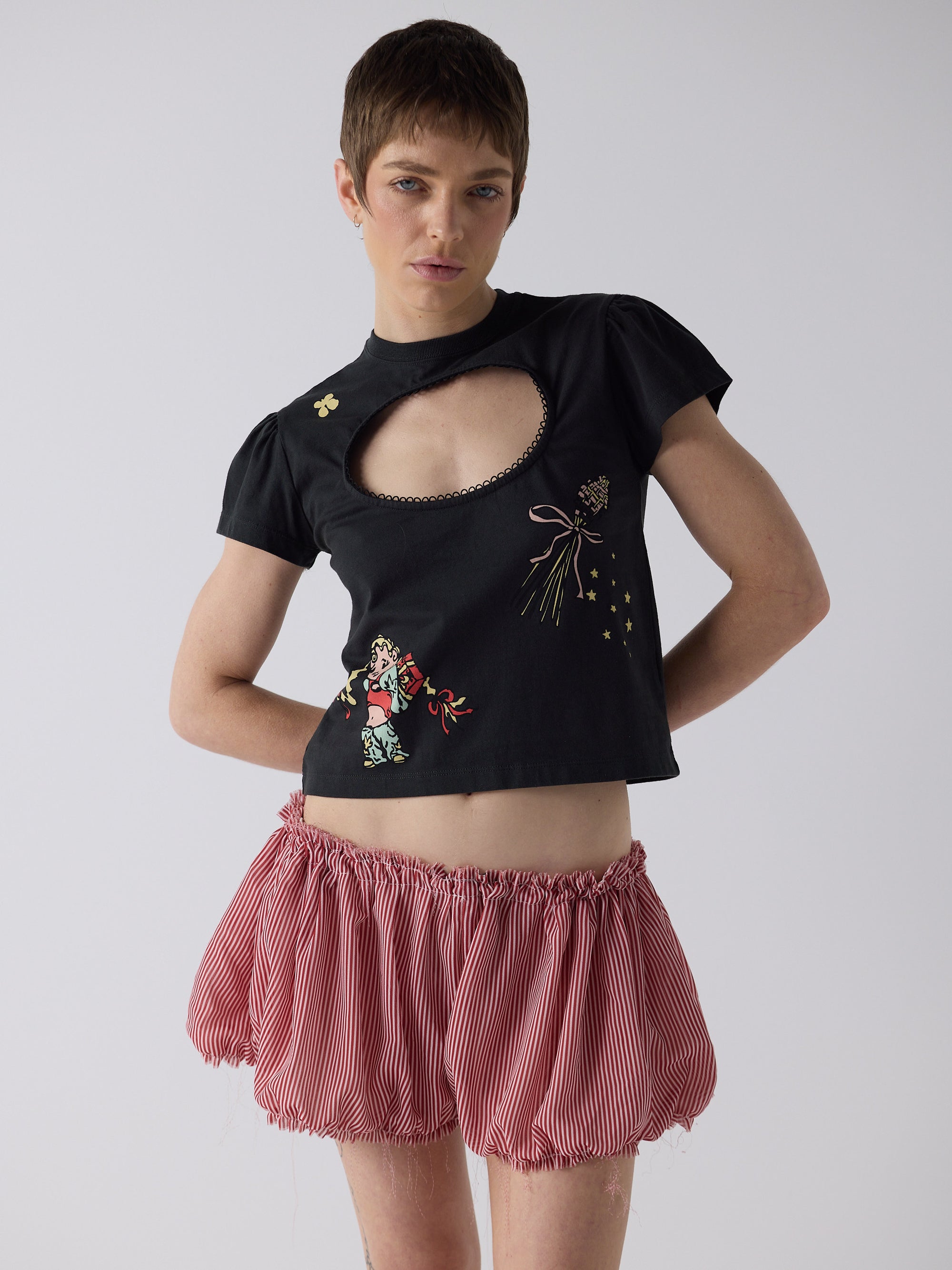 honor wears the logo removal baby tee in cutie charcoal, size xs