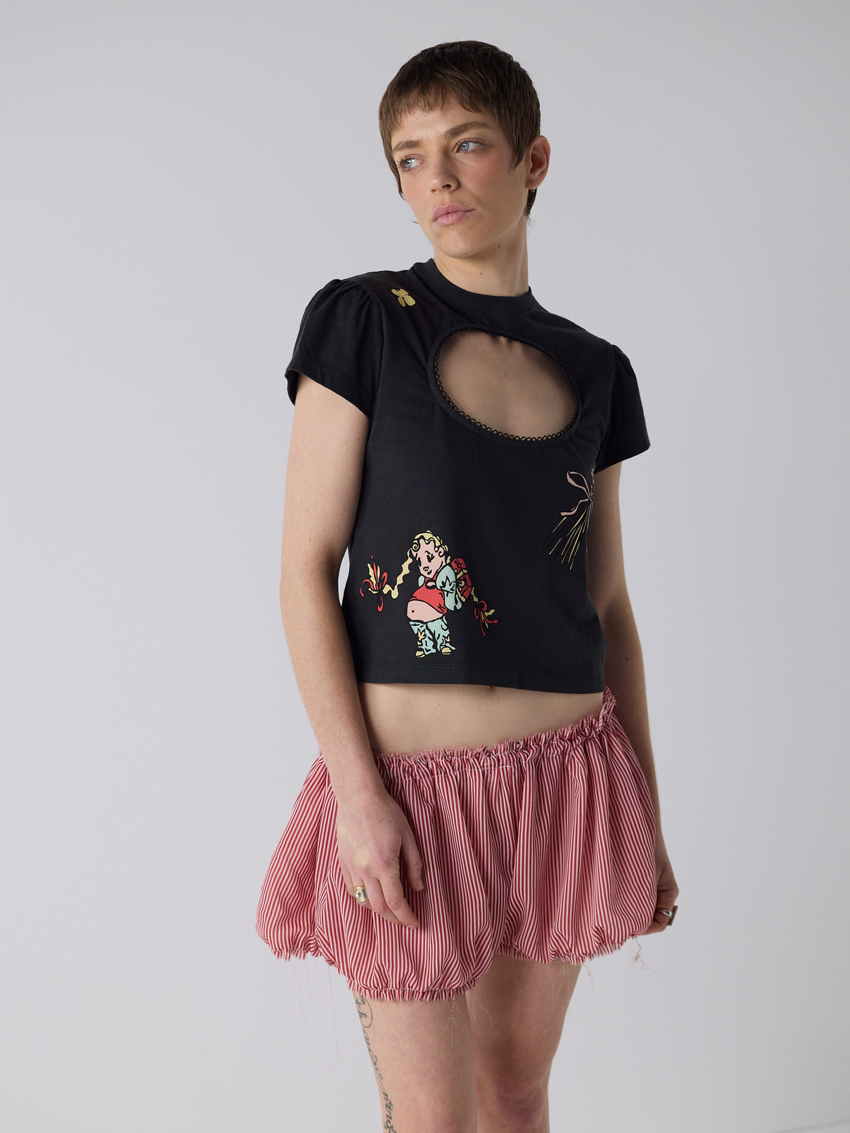 honor wears the logo removal baby tee in cutie charcoal, size xs
