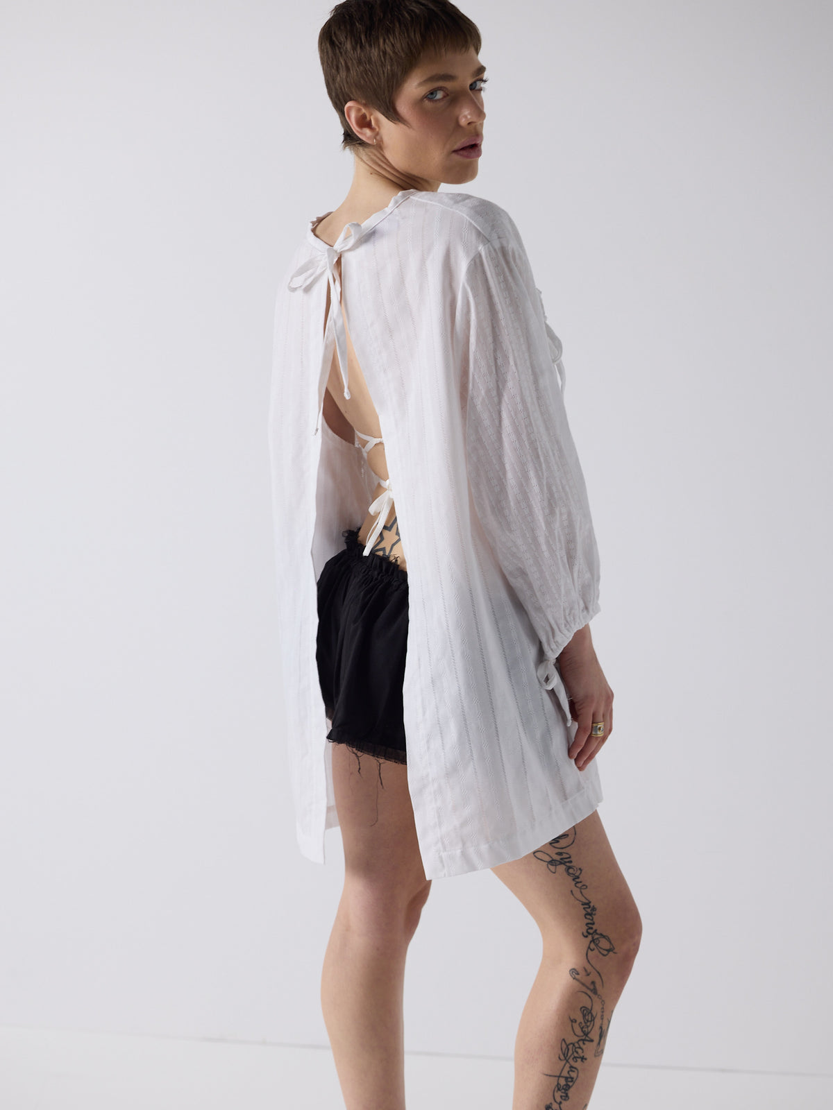 honor wears the nursing smock in white dobby
