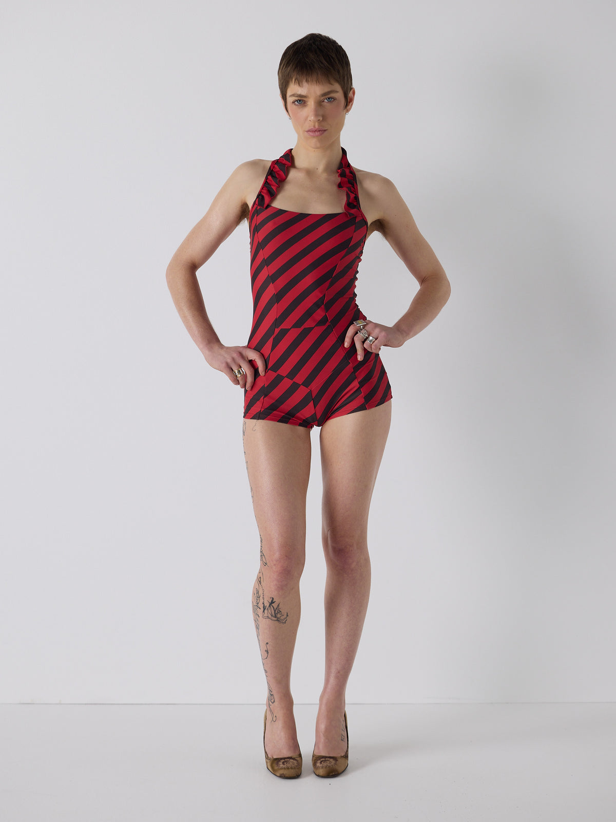 honor wears the apron frill one piece in cafecito stripe, size xs