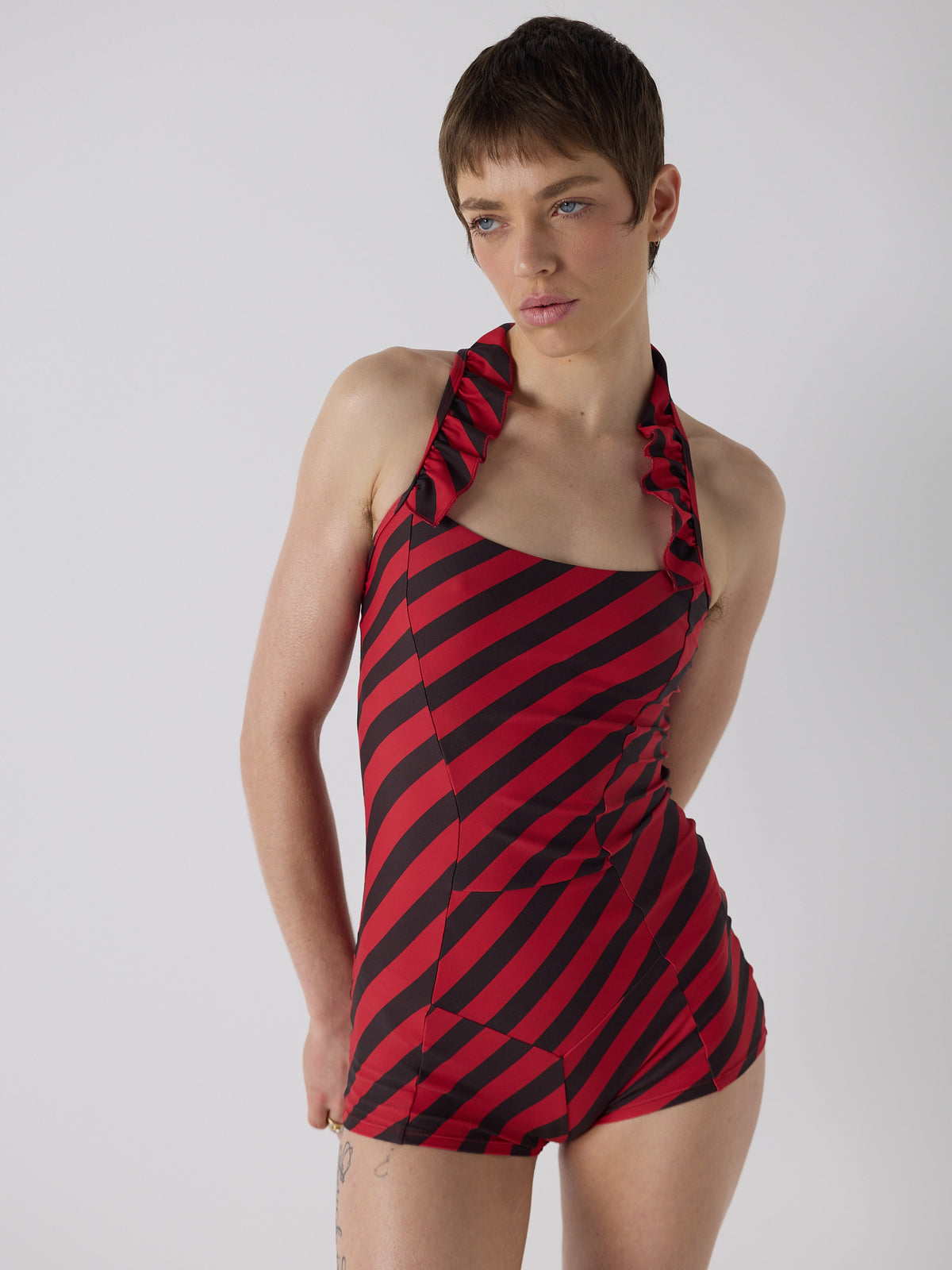 honor wears the apron frill one piece in cafecito stripe, size xs